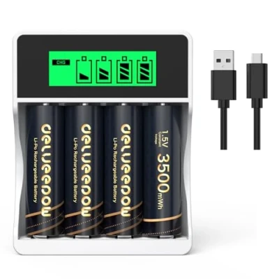 Abbildung von Delyeepow Wiederaufladbare AA Akku Lithium 1.5V 3500mWh mit Ladegerät, 1500 Zyklen Batterien 4 Stück, 2 Stunden Schnellladung