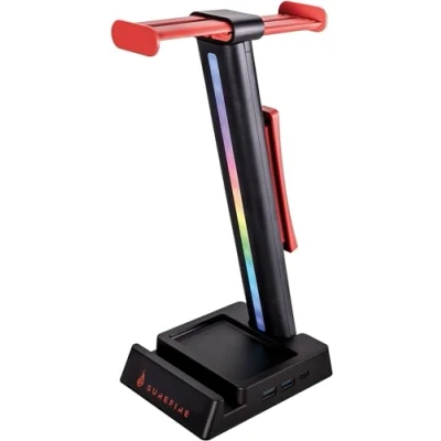 Abbildung von SureFire Vinson N2 Multifunktions Headset Ständer Schwarz, Halter für 2 Gaming Kopfhörer, Stand mit RGB Beleuchtung &amp; USB Hub (USB A + C 3,5mm Audio), 28cm Halterung