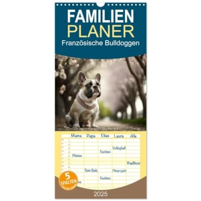 Abbildung von Familienplaner 2025 Französische Bulldoggen mit 5 Spalten (Wandkalender, 21 cm x 45 cm), CALVENDO