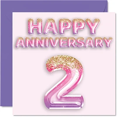 Abbildung von Stuff4 Hübsche Baumwoll Jubiläumskarte für Ehefrau, Freundin, Ehemann, Freund, rosa lila Glitzer Luftballons Happy 2nd Anniversary Karten von Familie, 145 mm x Grußkarten zweite Jubiläen
