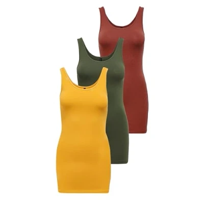 Abbildung von ONLY Damen Onllive Love Long Tank Top 3er Pack für Frauen, Kalamata/Golden Yellow/Burnt Henna, XS