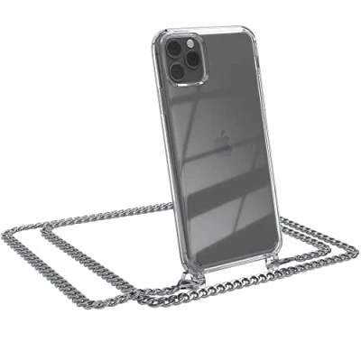 Abbildung von EAZY CASE Handykette kompatibel mit iPhone 11 Pro Max Handyhülle Metal Umhängeband und Ersatz Kordel schwarz, Handykordel Schutzhülle, Stylische Kette, Silber
