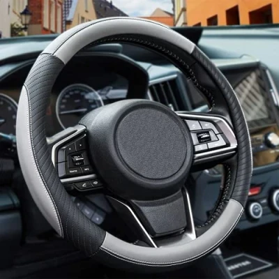 Abbildung von Auto Lenkradbezug Leder, Mikrofaser Universal Size M 37 38cm, Weiche, rutschfest, Atmungsaktiv, Grau