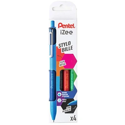 Abbildung von Pentel IZee Kugelschreiber, einziehbar, mit Metallclip Pochette de 4 Schwarz/Blau/Rot/Grün