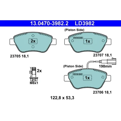 Abbildung von ATE Ceramic 13.0470 3982.2 Bremsbelagsatz inkl. Verschleißwarnkontakt mit Bremssattelschrauben FIAT: BRAVO 2, Stilo Schrägheck, Multi Wagon