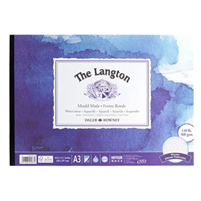 Abbildung von Daler Rowney The Langton Rough Aquarellpapierblock, 300 g/m², A3, einseitig geklebt, säurefrei, 12 naturweiße Blätter, ideal für professionelle Künstler