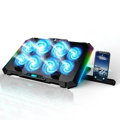 Abbildung von KLIM V8 Gaming Laptop Cooling Pad mit 8 Lüftern + Neu 2024 Kühler Stabiler RGB Ständer Lüfter Kompatibel bis zu 17&quot; 2 USB Ports Handyhalterung
