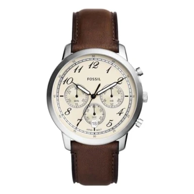 Abbildung von Fossil Neutra uhr für Herren, Chronographenwerk mit Edelstahl oder Lederarmband, Braun und Creme, 44MM