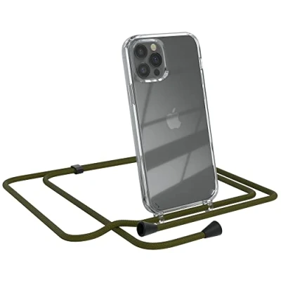 Abbildung von EAZY CASE Handykette kompatibel mit iPhone 12/12 Pro Handyhülle Umhängeband, Handykordel Schutzhülle, Silikonhülle, Hülle, Stylische Kette für Smartphone, Grün Clips Schwarz