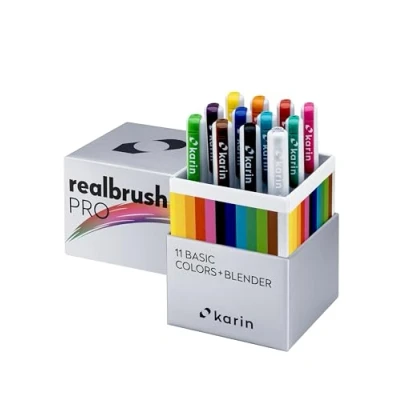 Abbildung von KARIN Realbrush PRO Basic Colors + Blender ein Set mit 12 Pinsel (11 Farben und 1 Blender) in einem exklusiven schützenden Etui.