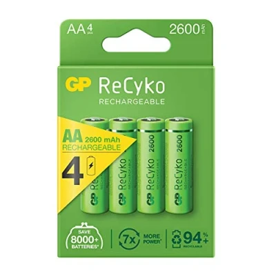 Abbildung von GP ReCyko + Paco 4 wiederaufladbare AA Batterien der Serie 2600, NiMH, min. 2600mAh 120.270AAHC C4 Cranberry 4xAA