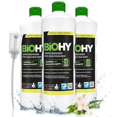 Abbildung von BIOHY Teppichreiniger für Waschsauger (3 x 1 Liter) + Dosierer geeignet alle entfernt Flecken und Schmutz mühelos Reinigung Pflege in nur einem Arbeitsgang