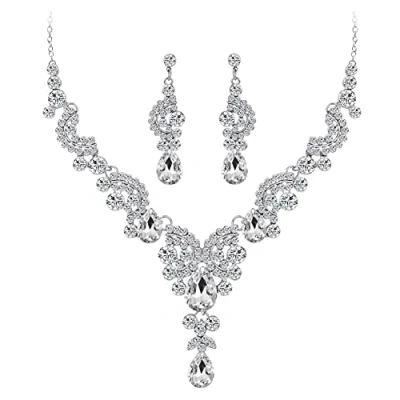 Abbildung von Wedity Braut Hochzeit Kristall Halskette Ohrringe Set Floral Choker Halsketten Tropfenförmiger Schmuck für Frauen und Mädchen (Silber)