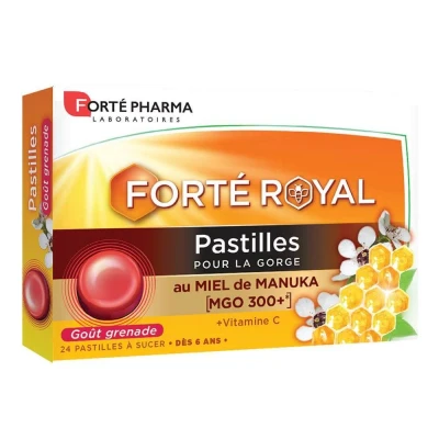 Abbildung von Forté Pharma FortéRoyal Halstabletten mit Manuka Honig Reizungen und Beschwerden im Hals, ab 6 Jahren Vitamin C 24 Tabletten Granatapfelgeschmack, 1 bis 3/Tag