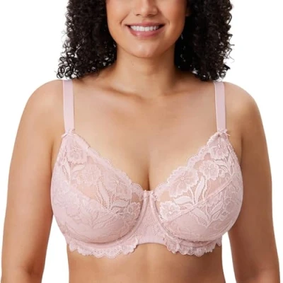 Abbildung von DELIMIRA Damen Vollschalen BH ungefütterte Spitze Tüll Cup,mit Bügel Nacktes Rosa 85H