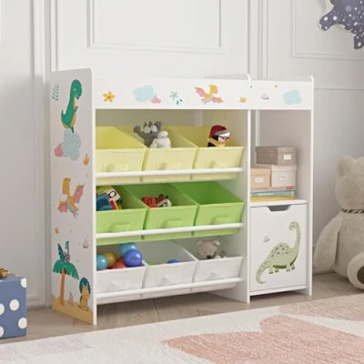 Abbildung von [en.casa] Kinderregal Søndreland Bücherregal für Kinder mit 9 Aufbewahrungsboxen Spielzeugregal Schrank 80 x 90 30 cm Spielzeug Aufbewahrung Dinosaurier Motiv