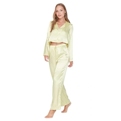 Abbildung von Trendyol Damen Women&#039;s Plain Middle Woven Fabric Shirt Trousers Pyjamas Pajama Set, Grün, 38 EU