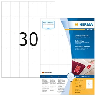 Abbildung von HERMA 8046 Stabile Anhänger perforiert, 100 Blatt, 35 x 59,4 mm, 30 pro A4 Bogen, 3000 Stück, bedruckbar, matt, blanko Preisanhänger Produktanhänger aus Papier/Folie/Papier Verbund, weiß