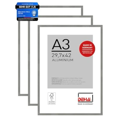 Abbildung von DEHA Design Bilderrahmen, 29,7 x 42 cm (A3) (3er Set), Aluminium, Grau matt, Posterrahmen zum Aufhängen im Hoch &amp; Querformat, bruchsicheres Kunstglas, Tribeca