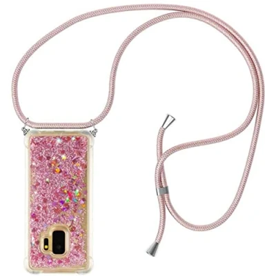 Abbildung von HongMan Handykette für Samsung Galaxy S9 Glitzer Flüssig Bewegende Treibsand Handyhülle+Case mit Umhängeband Handykordel Schutzhülle Hülle Band Kette Hülle(Rosa)