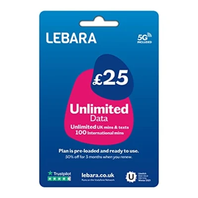 Abbildung von Lebara UK Unlimited Data Pay As You Go SIM Karte, unbegrenzte britische Minuten und Texte, 100 internationale für £25