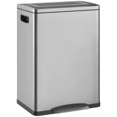 Abbildung von HOMCOM Mülleimer 40L Treteimer Abfalleimer mit Deckel und Fußpedal, Müllbehälter 2 Inneneimern, Soft Close Funktion für Wohnzimmer, Büro, Edelstahl, Silber, 40 x 34,8 59 cm