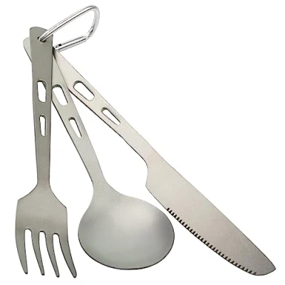 Abbildung von Camping Besteck Set Gabel. Messer. Löffel inkl. Beutel Titan