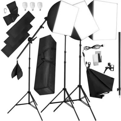 Abbildung von tectake Fotostudio Set Studio Stativ Blitz, (mit Softboxen, ausziehbaren Stativen und ausziehbarem Galgenstativ)