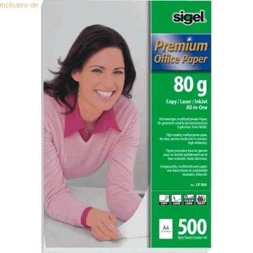 Abbildung von SIGEL LP500 Premium Kopierpapier Laserpapier A4, 80 g, 500 Blatt, weiß, aus nachhaltigem Papier, Druckerpapier mit hohem Weißegrad