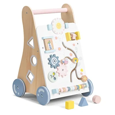 Abbildung von Navaris Lauflernwagen Baby Activity Wagen Holz Lauflernhilfe mit Spielelementen Spielwagen Laufwagen Holzspielzeug ab 12 Monaten beige bunt