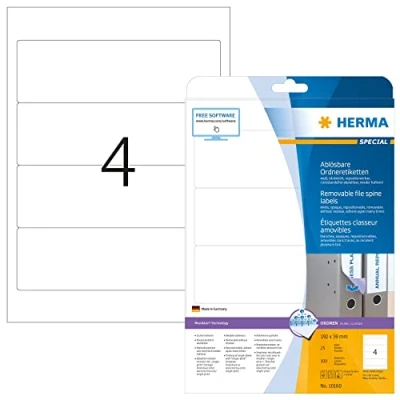 Abbildung von HERMA 10160 Ordnerrücken Etiketten ablösbar kurz breit, 25 Blatt, 192 x 59 mm, 4 pro A4 Bogen, 100 Stück, selbstklebend, bedruckbar, blickdicht, Papier Ordneretiketten Rückenschilder Aufkleber, weiß