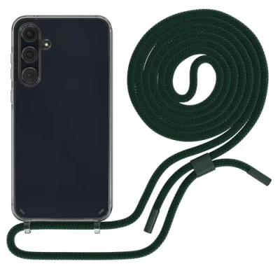 Abbildung von EAZY CASE Handykette kompatibel mit Samsung Galaxy A55 dünne Handyhülle für Hülle Band als Fallschutz Kette zum Umhängen transparente Silikon Pinien Grün