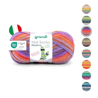 Abbildung von Gründl Hot Socks Madena (Sockenwolle aus 75% Schurwolle (superwash) und 25% Polyamid, Made in Italy, 4 fach Sockengarn, 100 g / 420 m, Nadelstärke: 2,5 mm 3 mm, 1 x g), tutti frutti mix