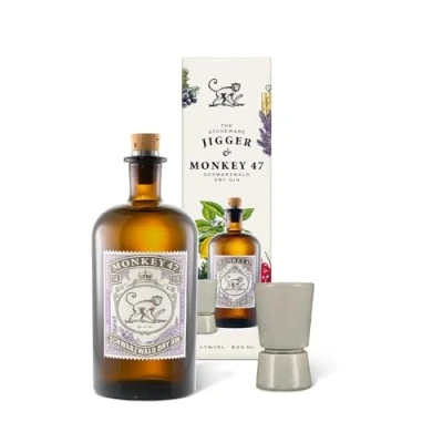 Abbildung von Monkey 47 &amp; Jigger Set, Schwarzwald Dry Gin, harmonischer Premium Gin mit Wacholder Aroma frischen Zitronen und Fruchtnoten, 1 x 0,5 L