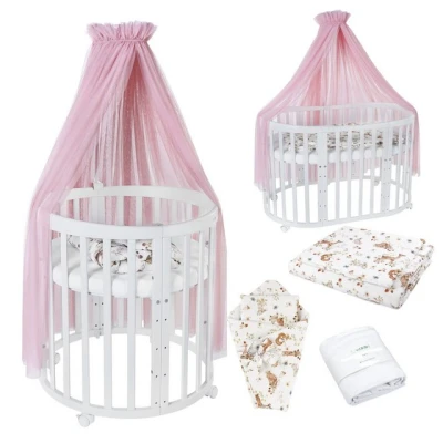 Abbildung von Waldin Oval Baby Bett Mitwachsend Komplett Set 7in1, Gitterbett, Kinderbett mit Matratze, Wickelkommode, Beistellbett, Holz Weiß, Stoffe Rosa Tiere
