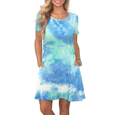 Abbildung von AUSELILY Damen Kleider Sommer Kurzarm Shirtkleider Kurz Sommerkleider Leicht Freizeitkleid mit Taschen GefäRbt Blau Grün Weiß S