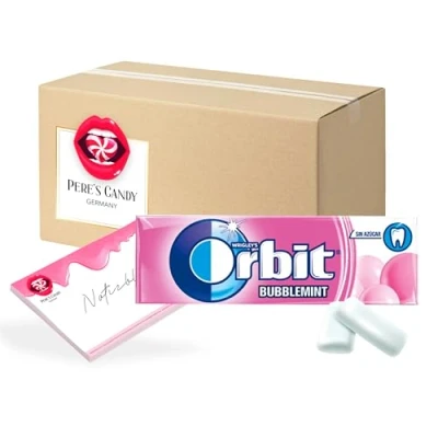 Abbildung von 23,99 inkl. USt (57,12/kg) Orbit BUBBLEMINT Kaugummi 420 g Zuckerfrei 30 x 10 Dragees von Pere&#039;s Candy® Box mit Geschenk
