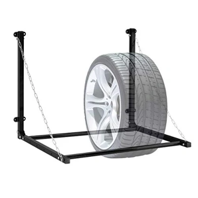 Abbildung von Relaxdays Reifenregal Wandmontage, für 4 Reifen, Teleskop Reifenhalter Wandhalterung, bis 90kg, klappbar, Stahl, schwarz
