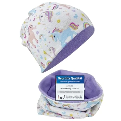 Abbildung von HECKBO Einhorn Beanie &amp; Schal Set für Mädchen Fleece Vlies innen Alter 2 6 Jahre Weiche Baumwolle Maschinenwaschbar Ideal kalte Tage, Einheitsgröße, Unicorn
