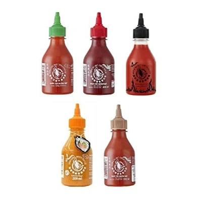 Abbildung von Pamai Pai® Fünferpack Sriracha Hot Chili Sauce Set 5 x 200ml Chilli Soße rot grün braun schwarz orange