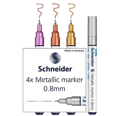 Abbildung von Schneider Paint It Metallicmarker 4er Set (Set 2, Strichstärke 0,8 mm, neue Pigmenttechnologie, starker Glitzereffekt) silber, gold, kupfer, violett