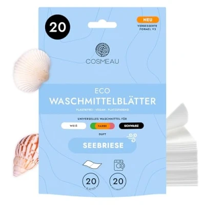 Abbildung von Cosmeau Waschmittel Blätter Meeresbriese bis zu 20 Waschgänge (20 Blätter) Nachhaltiges für Weiß, Farbe und Schwarz Plastikfrei, Abbaubar &amp; Perfektes Reisewaschmittel
