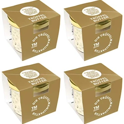 Abbildung von die Trüffelmanufaktur Feinkost 4er Set Trüffelbutter mit 15% echtem frischen schwarzem Trüffel, Delikatesse für Feinschmecker, weiße Trueffel Butter im Glas á 95 g, Vorratspack 360 g