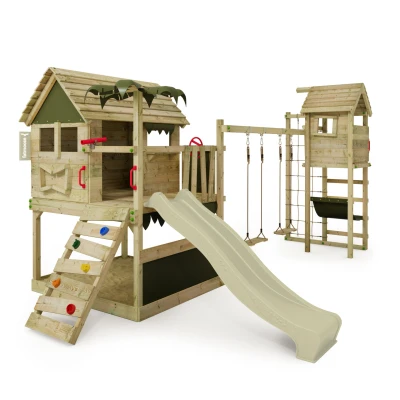 Abbildung von FATMOOSE Spielturm Klettergerüst TikaTaka Town XXL mit Turmanbau, Schaukel &amp; anthraziter Rutsche, Outdoor Kinder Kletterturm Sandkasten Leiter Spiel Zubehör für den Garten