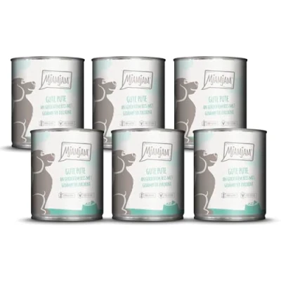 Abbildung von MjAMjAM Premium Nassfutter für Hunde gute Pute an gekochtem Reis mit gedämpfter Zucchini, 6er Pack (6 x 800 g), naturbelassen extra viel Fleisch