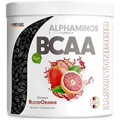 Abbildung von BCAA Pulver 300g BLUTORANGE Alphaminos 2:1:1 Drink mit 8000 mg unfassbar leckerer Geschmack, Essentielle Aminosäuren (EAA) Leucin, Isoleucin &amp; Valin vegan laborgeprüft Zertifikat