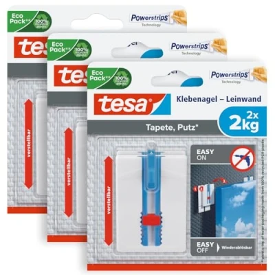 Abbildung von tesa Klebehaken mit max. 2 kg Haltekraft für Bilder verstellbar, Dekoration, Bilder, Leinwände, (Packung, 6 St., inkl. Powerstrips), Klebenagel POWERSTRIPS Doppelseitig Leinwände 2er Pack