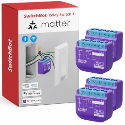 Abbildung von SwitchBot Wlan Schalter kompatibel mit Alexa/Apple Home/Google Home, Leistungsmessendes Relaisschaltmodul integriertem Bluetooth Repeater und Trockenkontakt, Wi Fi 2,4 GHz (Schalter 1), 16A, 4Pack