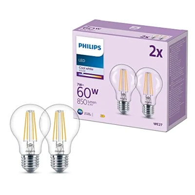 Abbildung von Philips Classic LED E27 Lampe, 60W, klar, neutralweiß, nicht dimmbar, Doppelpack
