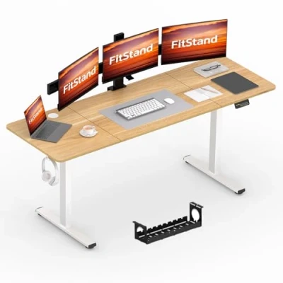 Abbildung von FitStand FQ1 200x80cm höhenverstellbarer Schreibtisch Electric Lift Desk mit Tischplatte, Stehpult, Computertisch Haken, Kindersicherung, Memory Funktion für Büro und Zuhause Ahorn